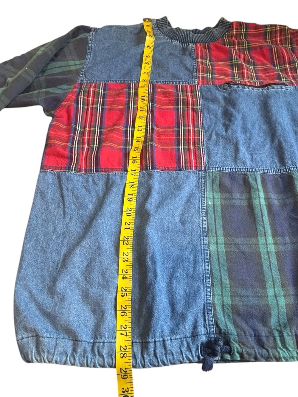 Vintage Marsha Sport Patchwork Denim Plaid Pullover 90s Grunge Top - Picture 5 of 14
